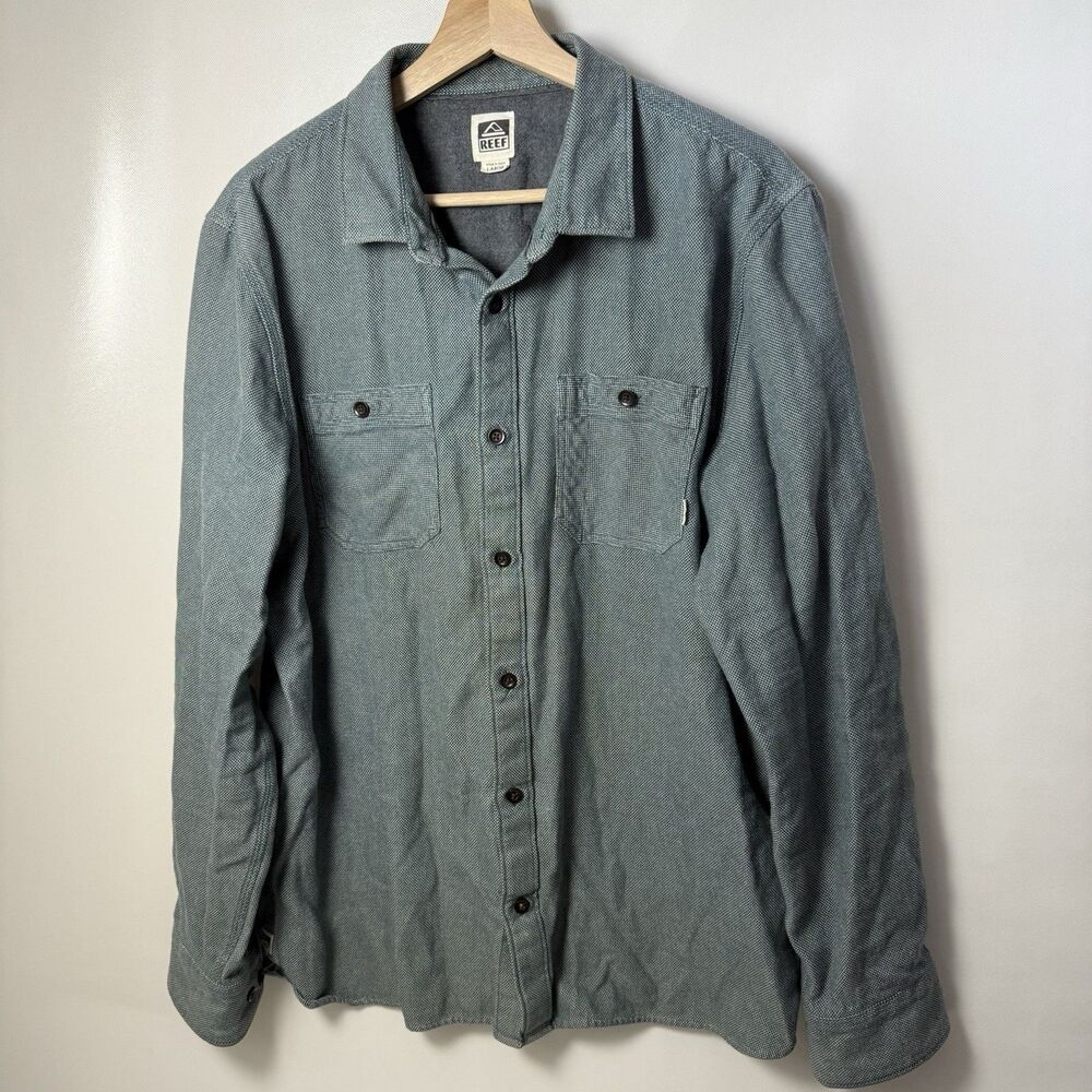 Reef Button Up Shirt Textured Tweed Cotton Men's Large Gray Green Hiking Beach